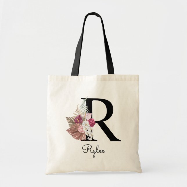 Monogram Rosa Boho Flickaktig Blommig Initial R Tygkasse (Framsidan)