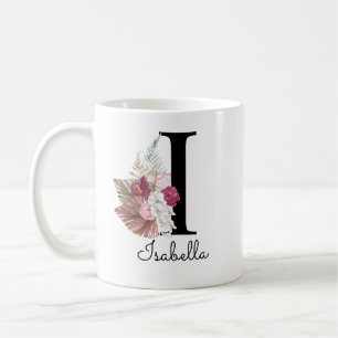 Monogram rosa boho flickig blommig initial I Kaffemugg