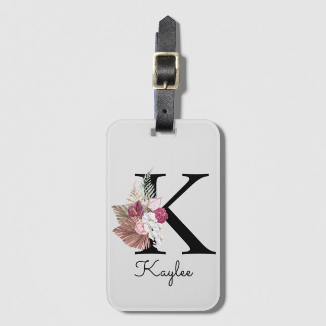Monogram Rosa Boho Flickig Blommig Initial K Bagagebricka (Framsida vertikal)