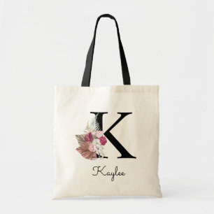 Monogram Rosa Boho Flickig Blommig Initial K Tygkasse