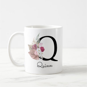 Monogram Rosa Boho Flickig Blommig Initial Q Kaffemugg