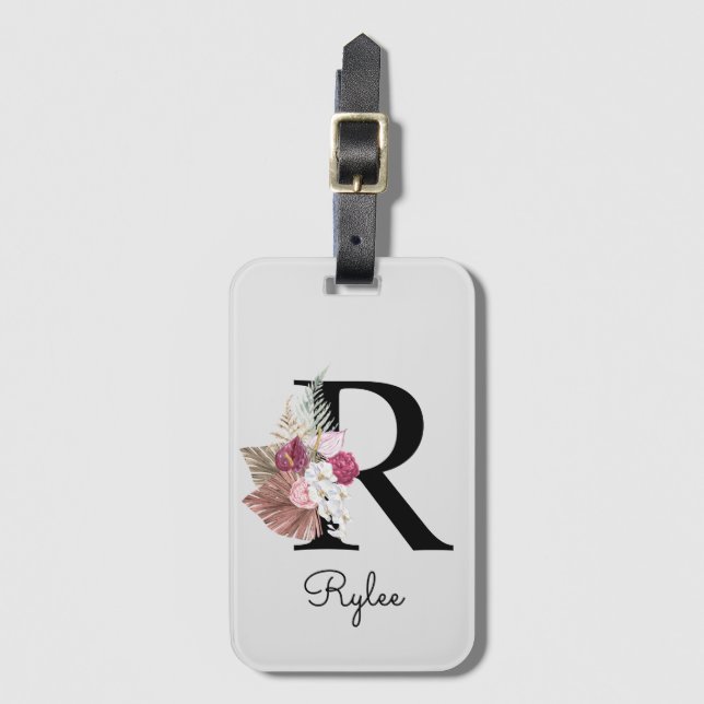 Monogram rosa boho flickig blommig initial R Bagagebricka (Framsida vertikal)