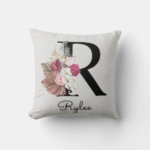 Monogram Rosa Boho Flickig Blommig Initial R Kudde
