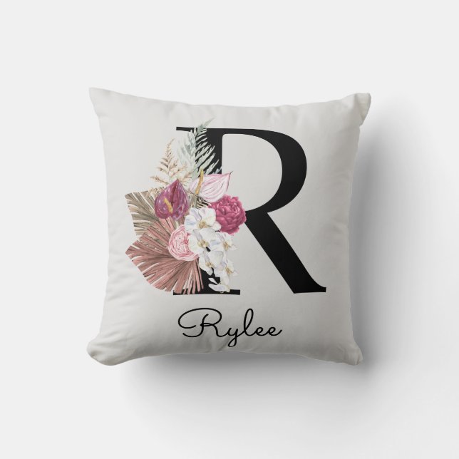 Monogram rosa boho flickig blommig initial R Kudde (Framsida)