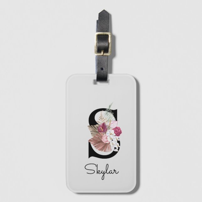 Monogram Rosa Boho Flickig Blommig Initial S Bagagebricka (Framsida vertikal)