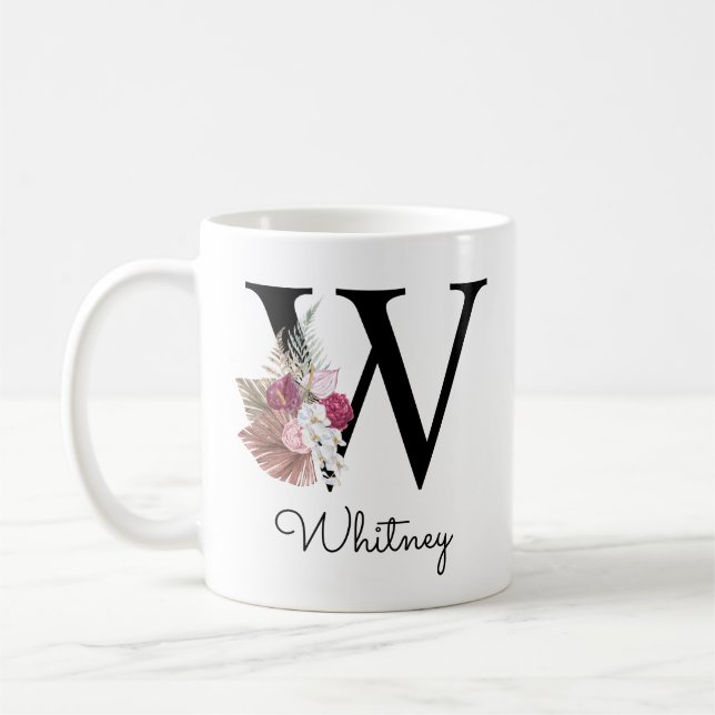 Monogram rosa Boho flickig blommig initial W Kaffe Kaffemugg (Vänster)