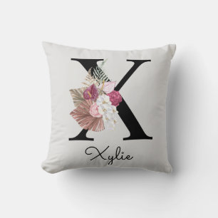 Monogram Rosa Boho Flickig Blommig Initial X Kudde