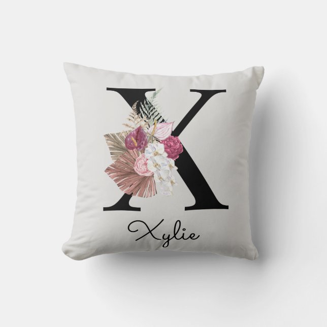 Monogram rosa Boho flickig blommig initial X Kudde (Framsida)