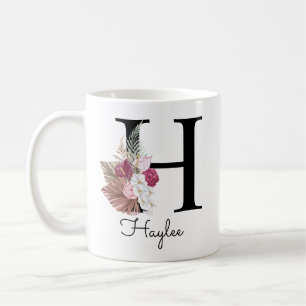 Monogram Rosa Boho Girlaktig Blommig Initial H Kaffemugg
