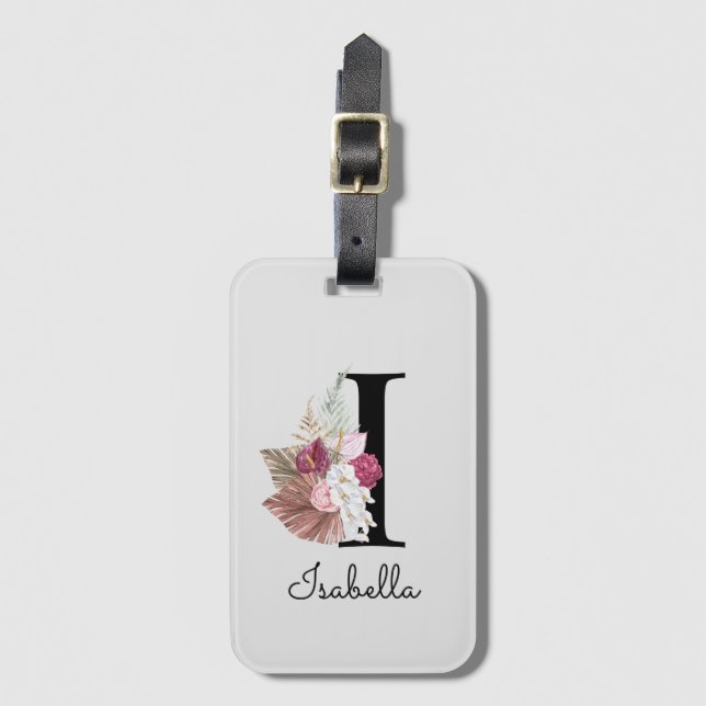 Monogram Rosa Boho Girlaktig Blommig Initial I Bagagebricka (Framsida vertikal)