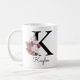 Monogram Rosa Boho Girlaktig Blommig Initial K Kaffemugg