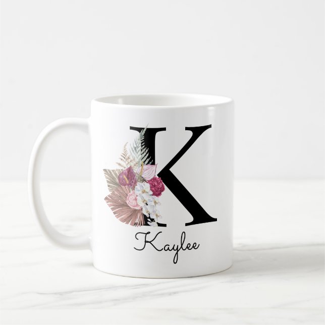 Monogram Rosa Boho Girlaktig Blommig Initial K Kaffemugg (Vänster)