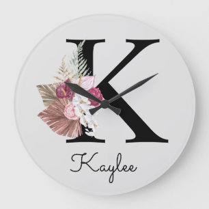 Monogram Rosa Boho Girlaktig Blommig Initial K Stor Klocka