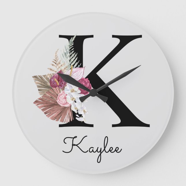 Monogram Rosa Boho Girlaktig Blommig Initial K Stor Klocka (Framsida)