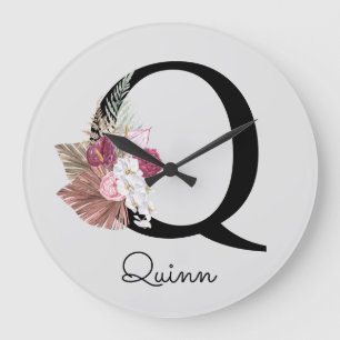 Monogram Rosa Boho Girlaktig Blommig Initial Q Stor Klocka