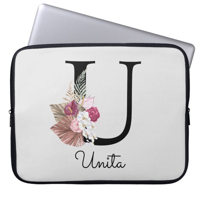 Monogram Rosa Boho Girlaktig Blommig Initial U Laptop Fodral (Framsidan)