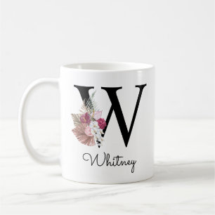 Monogram Rosa Boho Girlaktig Blommig Initial W Kaf Kaffemugg