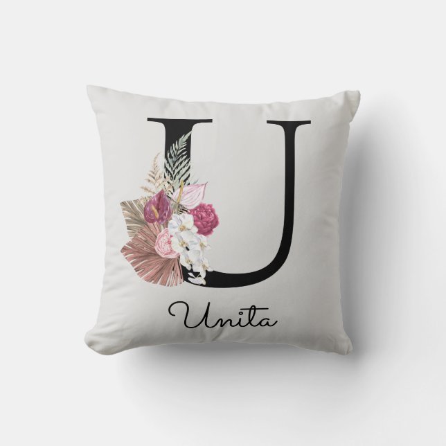 Monogram Rosa Boho Girly Blommig Initial U Kudde (Framsida)