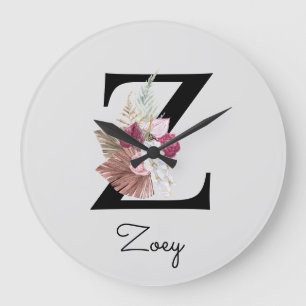 Monogram Rosa Boho Girly Blommig Initial Z Stor Klocka