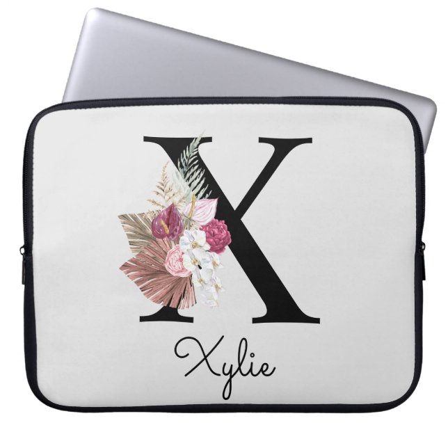 Monogram Rosa Boho Girly Blommigt, första X Laptop Fodral (Framsidan)
