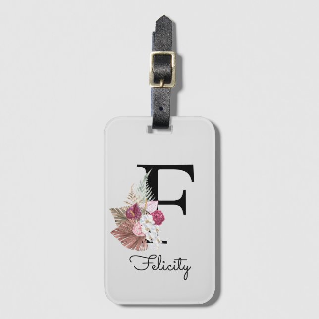 Monogram Rosa Boho Girly Blommigt Initial F Bagagebricka (Framsida vertikal)