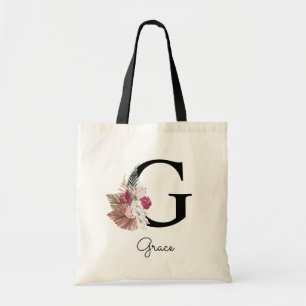 Monogram Rosa Boho Girly Blommigt Initial G Tygkasse