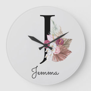 Monogram Rosa Boho Girly Blommigt Initial J Stor Klocka
