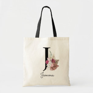 Monogram Rosa Boho Girly Blommigt Initial J Tygkasse