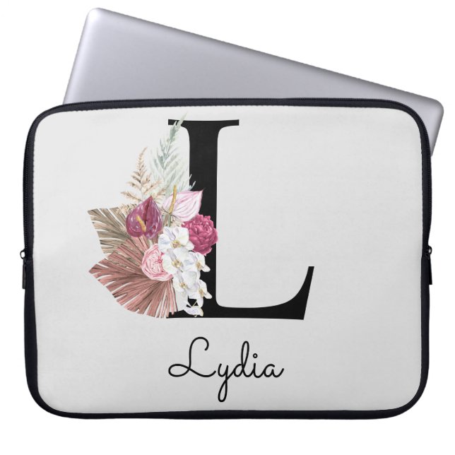 Monogram Rosa Boho Girly Blommigt Initial L Laptop Fodral (Framsidan)