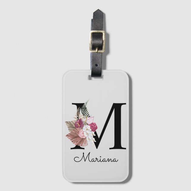 Monogram Rosa Boho Girly Blommigt Initial me Bagagebricka (Framsida vertikal)