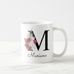 Monogram Rosa Boho Girly Blommigt Initial me Kaffemugg