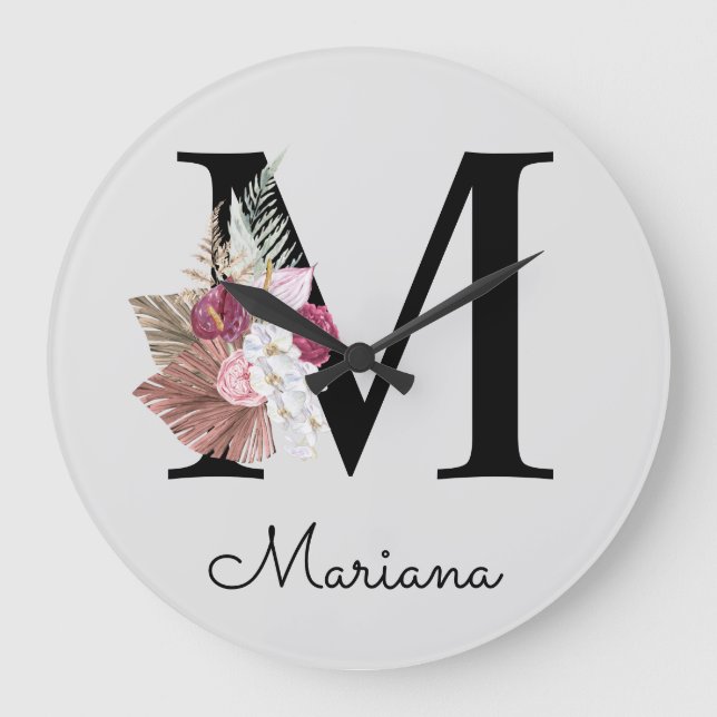 Monogram Rosa Boho Girly Blommigt Initial me Stor Klocka (Framsida)