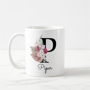 Monogram Rosa Boho Girly Blommigt Initial P Kaffemugg