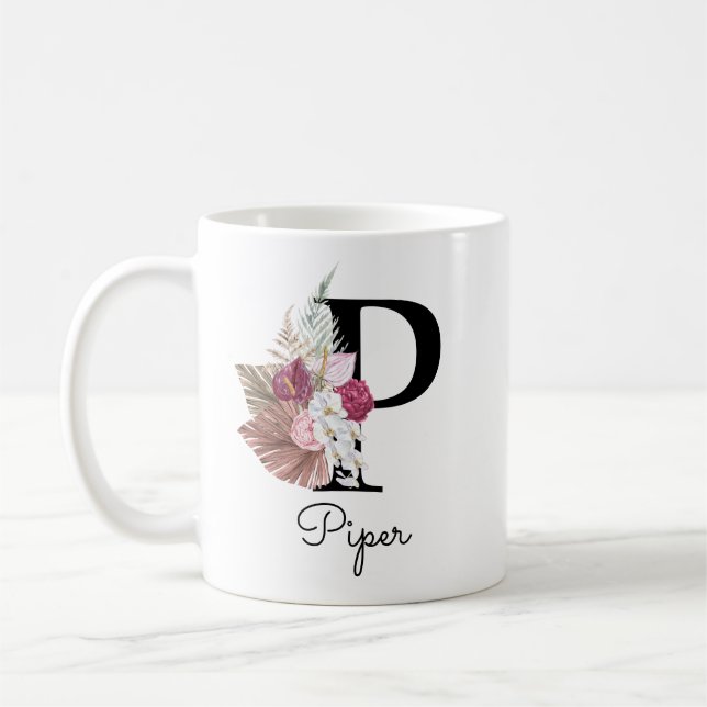 Monogram Rosa Boho Girly Blommigt Initial P Kaffemugg (Vänster)