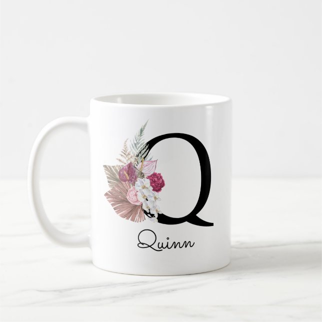 Monogram Rosa Boho Girly Blommigt Initial Q Kaffemugg (Vänster)