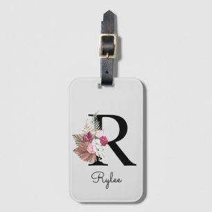 Monogram Rosa Boho Girly Blommigt Initial R Bagagebricka