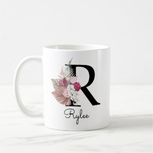 Monogram Rosa Boho Girly Blommigt Initial R Kaffemugg
