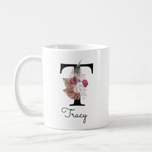 Monogram Rosa Boho Girly Blommigt Initial t Kaffemugg