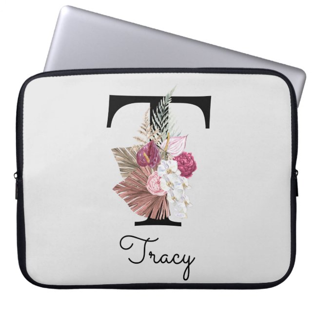 Monogram Rosa Boho Girly Blommigt Initial t Laptop Fodral (Framsidan)