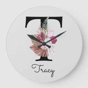 Monogram Rosa Boho Girly Blommigt Initial t Stor Klocka