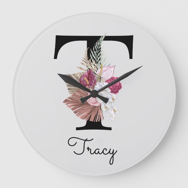 Monogram Rosa Boho Girly Blommigt Initial t Stor Klocka (Framsida)