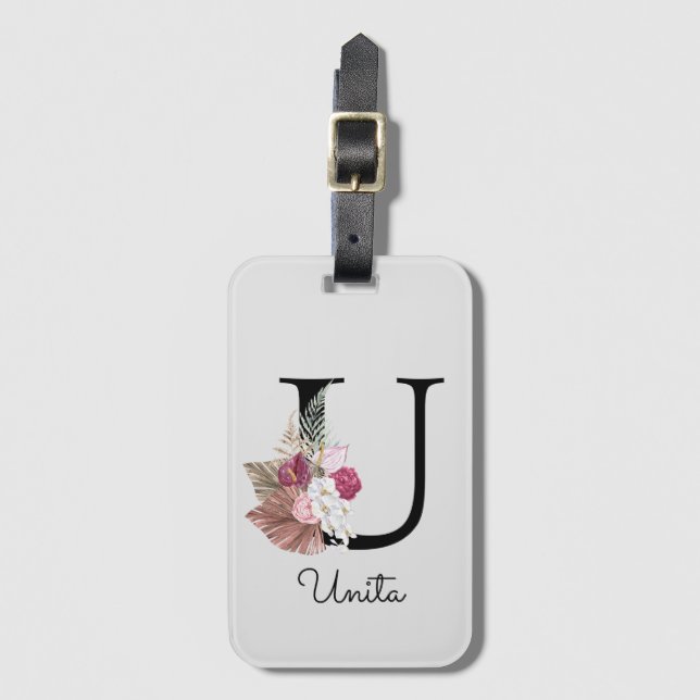 Monogram Rosa Boho Girly Blommigt Initial U Bagagebricka (Framsida vertikal)