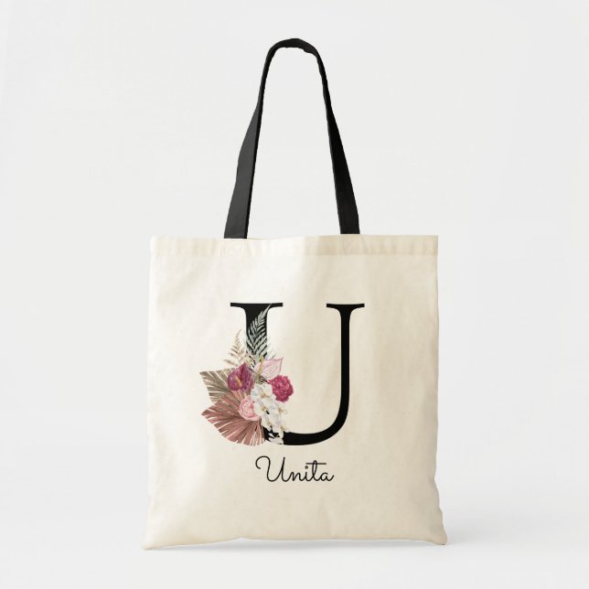 Monogram Rosa Boho Girly Blommigt Initial U Tygkasse (Framsidan)
