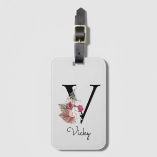 Monogram Rosa Boho Girly Blommigt Initial V Bagagebricka
