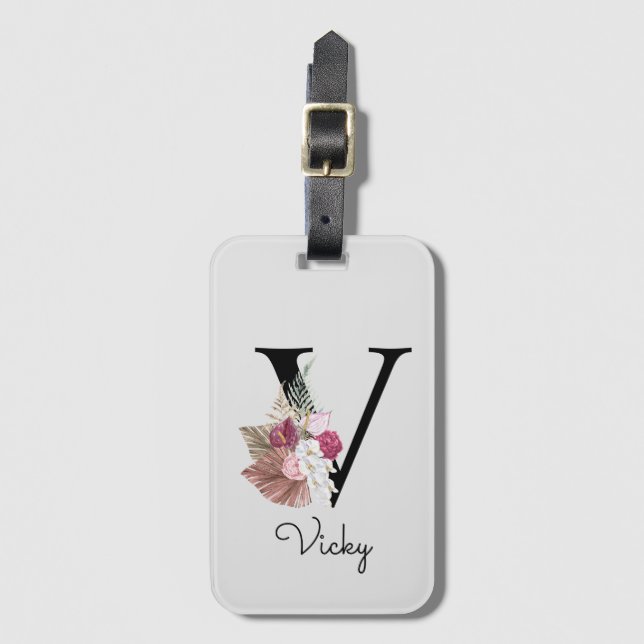 Monogram Rosa Boho Girly Blommigt Initial V Bagagebricka (Framsida vertikal)