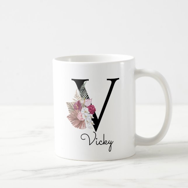 Monogram Rosa Boho Girly Blommigt Initial V Kaffemugg (Höger)