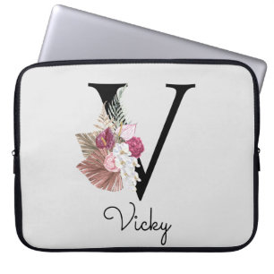 Monogram Rosa Boho Girly Blommigt Initial V Laptop Fodral