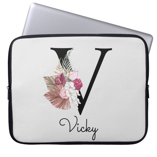 Monogram Rosa Boho Girly Blommigt Initial V Laptop Fodral (Framsidan)