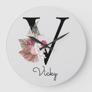 Monogram Rosa Boho Girly Blommigt Initial V Stor Klocka
