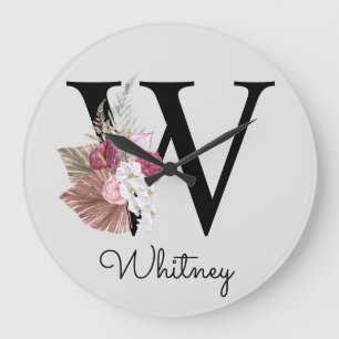 Monogram Rosa Boho Girly Blommigt Initial W Stor Klocka